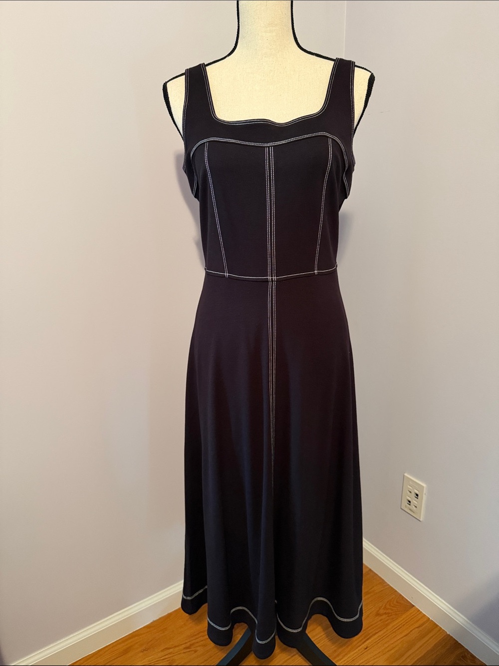 LOFT Black Midi Dress with White Contrast Stitching